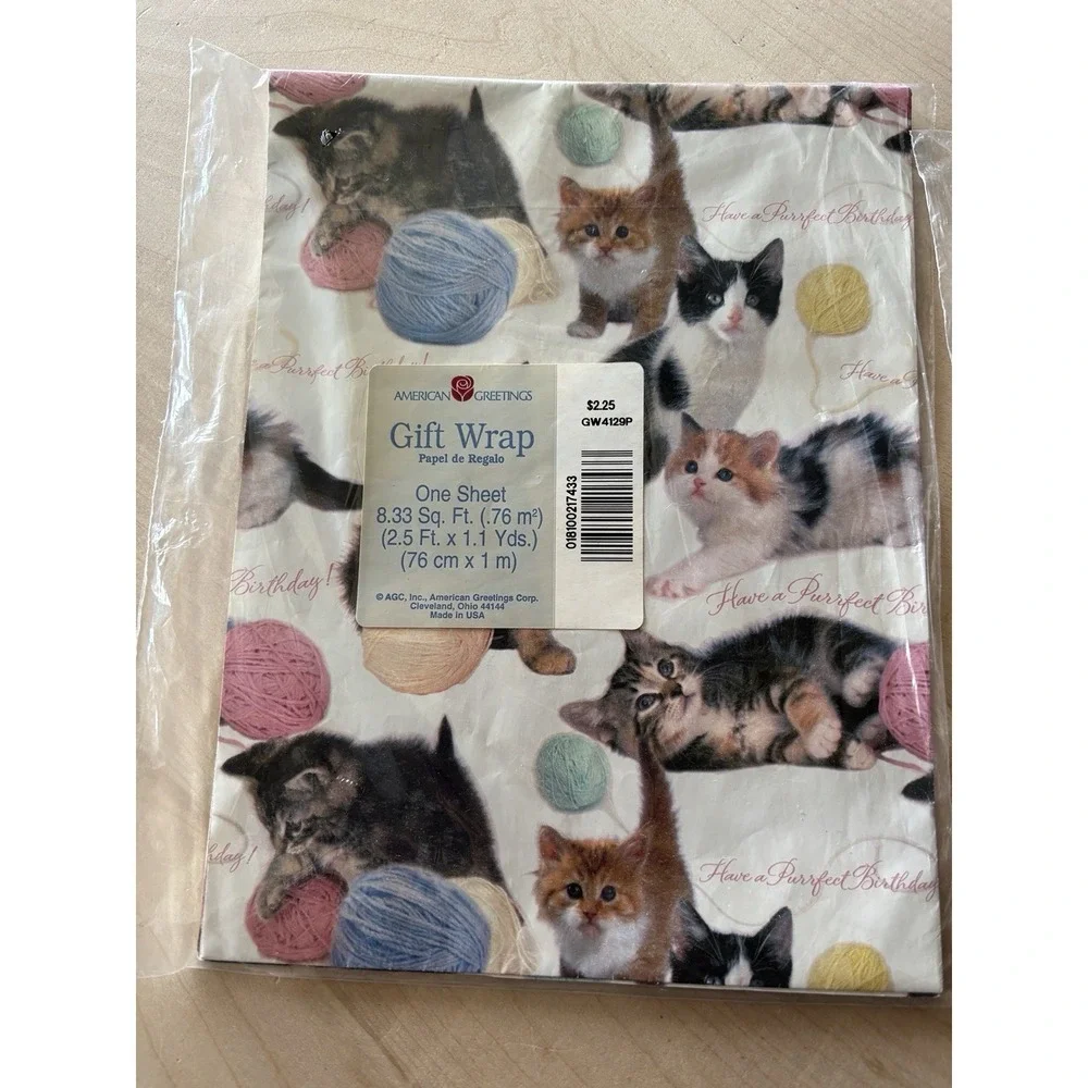 Vtg American Greetings Kitten Cat Gift Wrap NIP One Sheet LOT of 2 Calico White